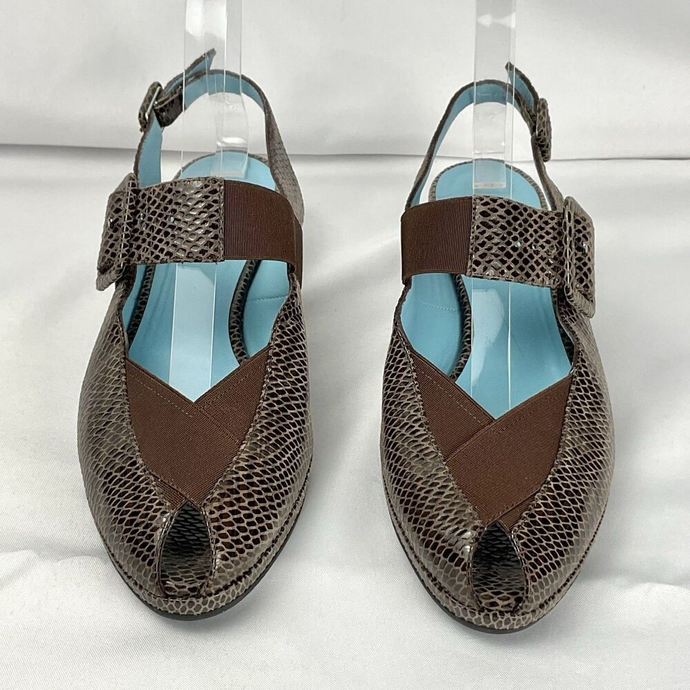 Thierry Rabotin Brown Snakeskin Wedge Slingback Pumps Leather Luxury Sz 38.5